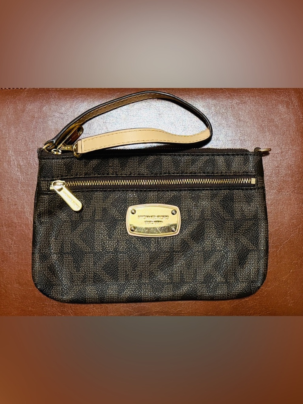 Michael Kors Black Wristlet with Cream Strap and Gold Hardware